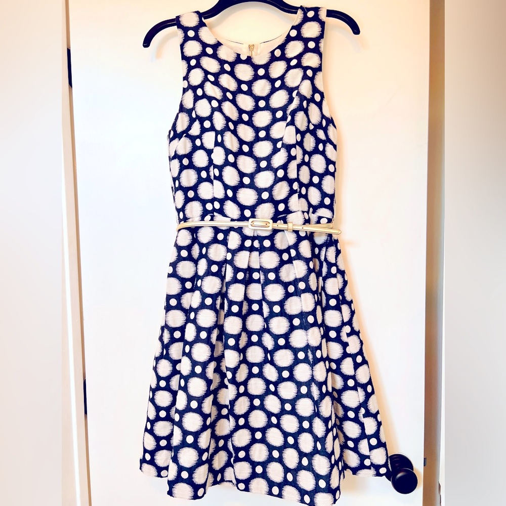 Eliza J cocktail dress, navy & cream polka dot with metallic belt & pockets